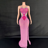 SUPER WHOLESALE | Grey Crystal Cutout Maxi Dress In Hot Pink