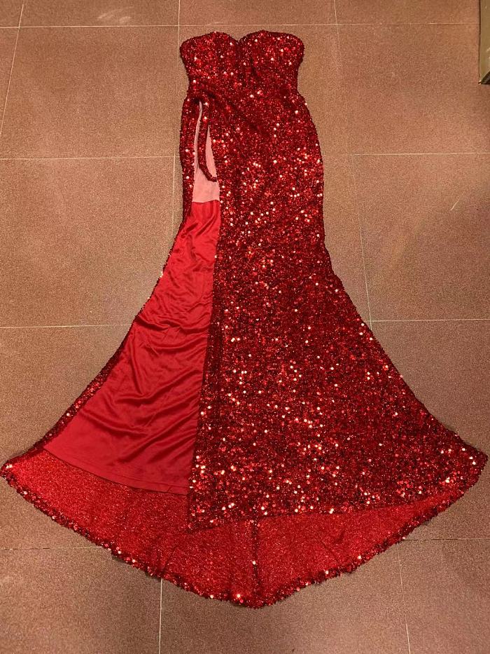 SUPER WHOLESALE | Lora Strapless Snake Embellished Split Sequin Dress