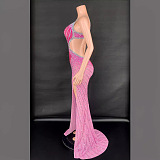 SUPER WHOLESALE | Grey Crystal Cutout Maxi Dress In Hot Pink