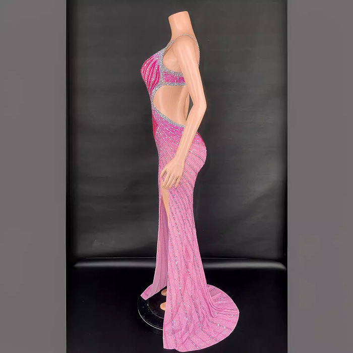 SUPER WHOLESALE | Grey Crystal Cutout Maxi Dress In Hot Pink