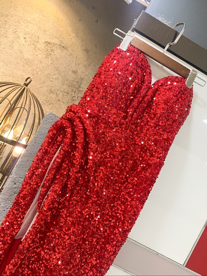 SUPER WHOLESALE | Lora Strapless Snake Embellished Split Sequin Dress