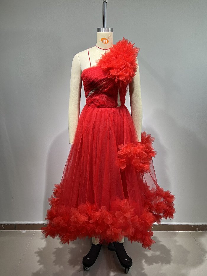SUPER WHOLESALE |Ghslaine One Shoulder Tulle Midi Dress