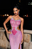 SUPER WHOLESALE | Grey Crystal Cutout Maxi Dress In Hot Pink