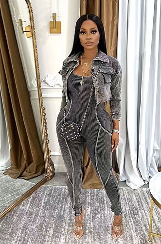 SUPER WHOLESALE | Washed Jumpsuit Set with Coat in Grey