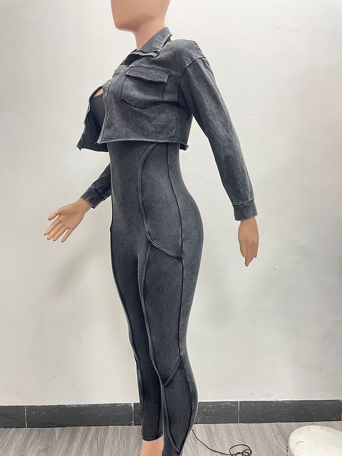 SUPER WHOLESALE | Washed Jumpsuit Set with Coat in Grey