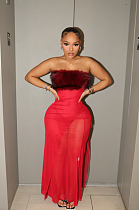 SUPER WHOLESALE | Backless Faux Fur and Mesh Cut-Out Strapless Dress