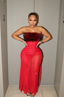 SUPER WHOLESALE | Backless Faux Fur and Mesh Cut-Out Strapless Dress