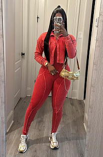 SUPER WHOLESALE | Washed Jumpsuit Set with Coat in Red