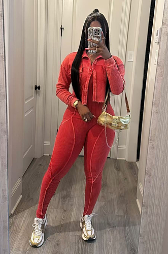 SUPER WHOLESALE | Washed Jumpsuit Set with Coat in Red
