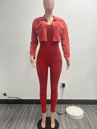 SUPER WHOLESALE | Washed Jumpsuit Set with Coat in Red