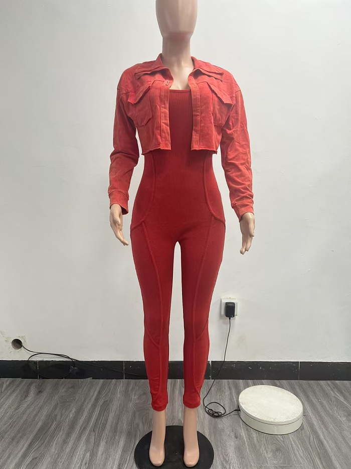 SUPER WHOLESALE | Washed Jumpsuit Set with Coat in Red