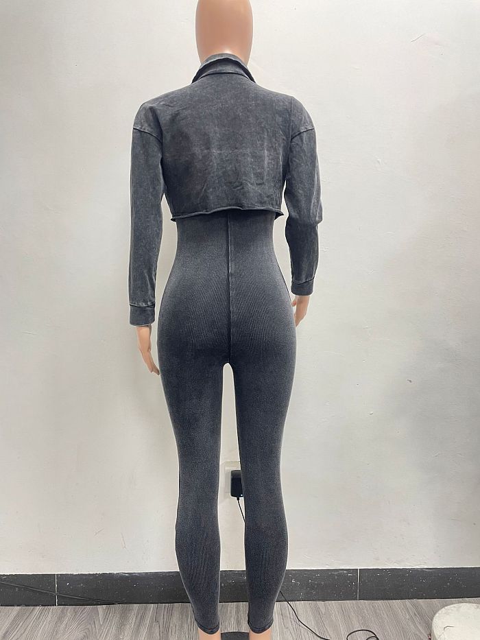 SUPER WHOLESALE | Washed Jumpsuit Set with Coat in Grey