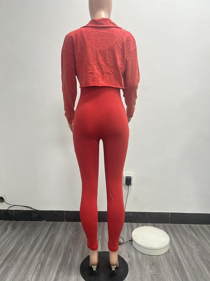 SUPER WHOLESALE | Washed Jumpsuit Set with Coat in Red
