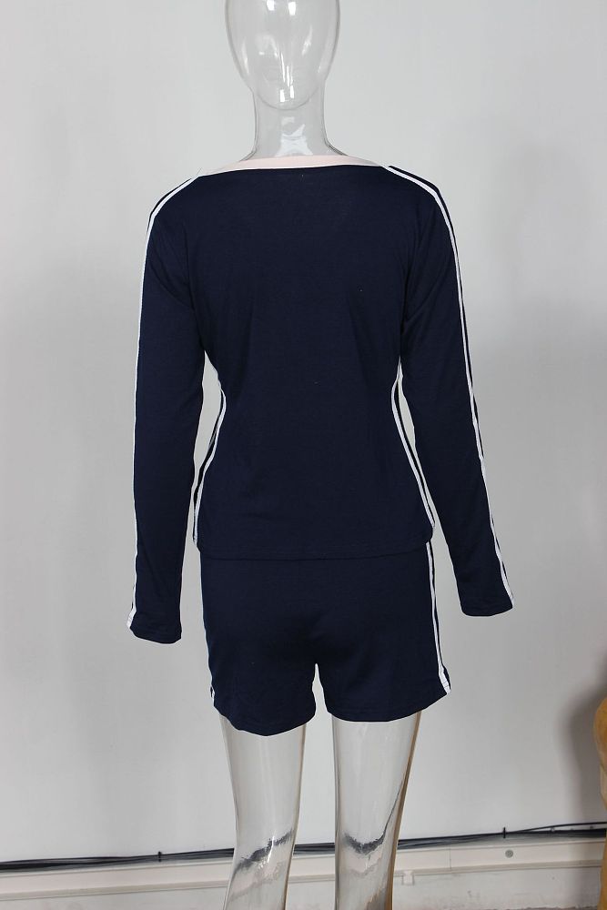 SUPER WHOLESALE | V Neck Stripy Shorts Set in Blue