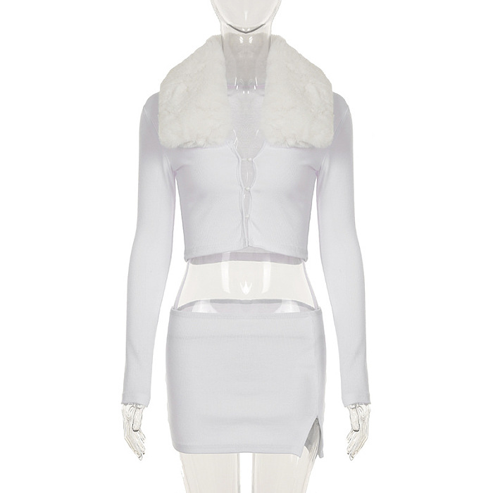 SUPER WHOLESALE | Fur Collar Skirt Set(white)