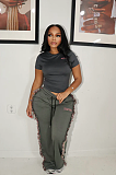 SUPER WHOLESALE | Round-neck embroidered short-sleeve T-shirt with high-waisted colorful fringe casual pants