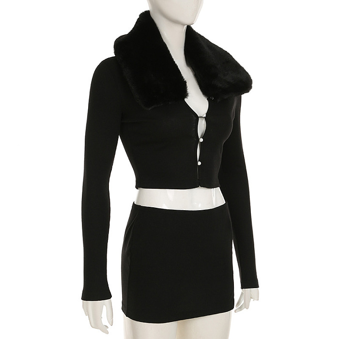 SUPER WHOLESALE | Fur Collar Skirt Set(black)