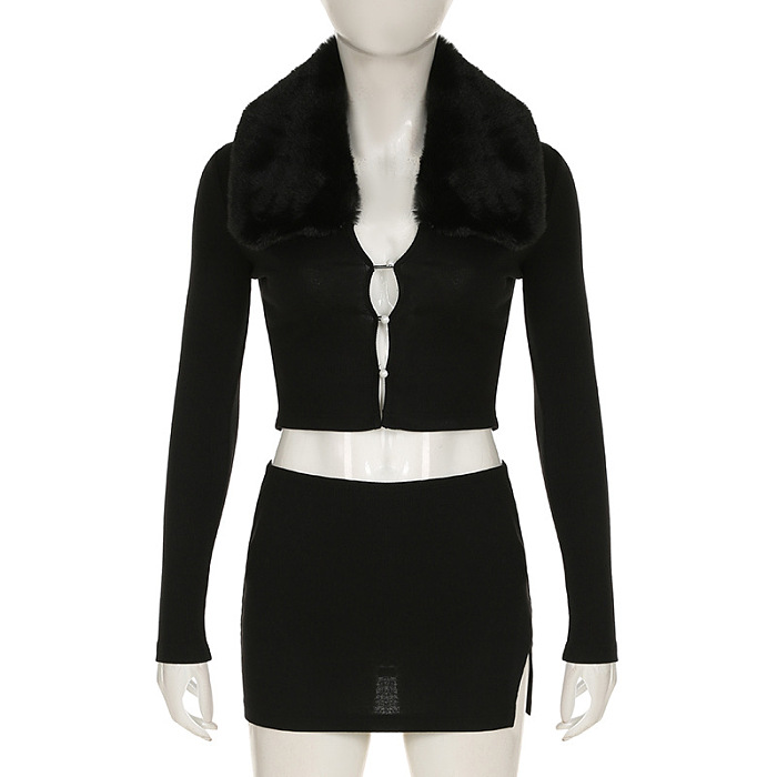 SUPER WHOLESALE | Fur Collar Skirt Set(black)