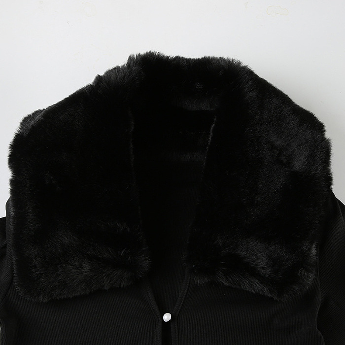 SUPER WHOLESALE | Fur Collar Skirt Set(black)
