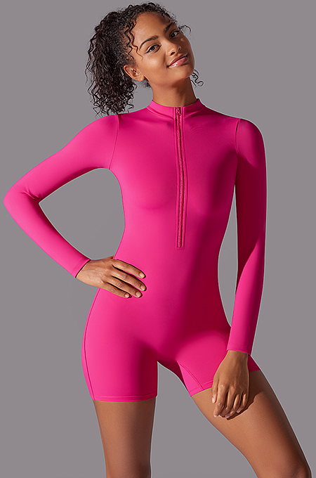 SUPER WHOLESALE | Zipped Yoga Romper(rose red)