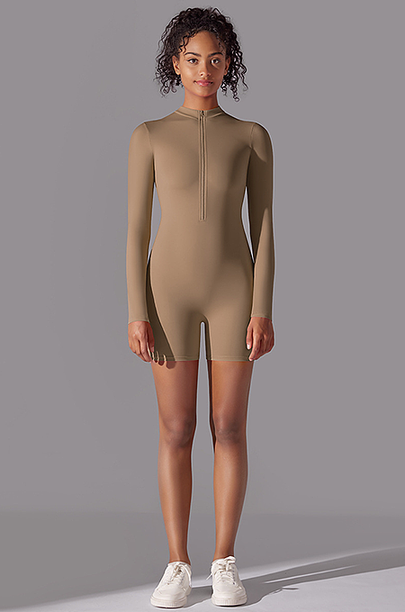 SUPER WHOLESALE | Zipped Yoga Romper(brown)