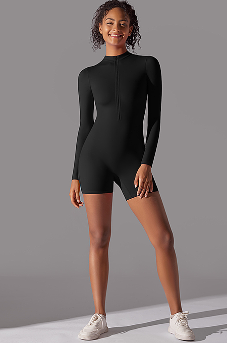 SUPER WHOLESALE | Zipped Yoga Romper(black)