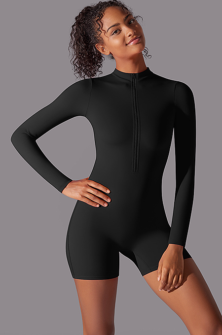 SUPER WHOLESALE | Zipped Yoga Romper(black)