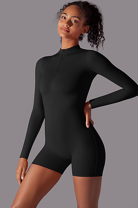 SUPER WHOLESALE | Zipped Yoga Romper(black)