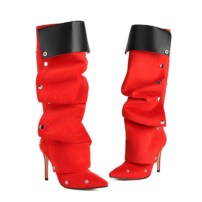 SUPER WHOLESALE |  Button Up Pointed Toe Boots(red)
