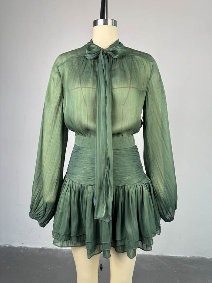 SUPER WHOLESALE | Pleated Ruffled Skirt Set(green)