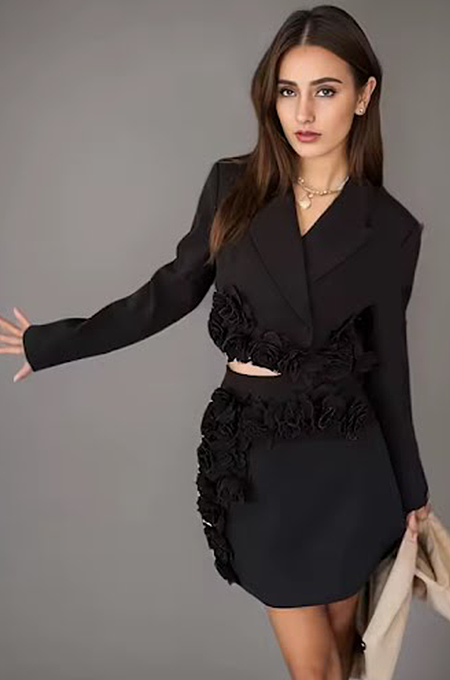 SUPER WHOLESALE |  Blazer Skirt Set with 3D Flowers(black)