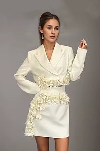 SUPER WHOLESALE |  Blazer Skirt Set with 3D Flowers(apricot)