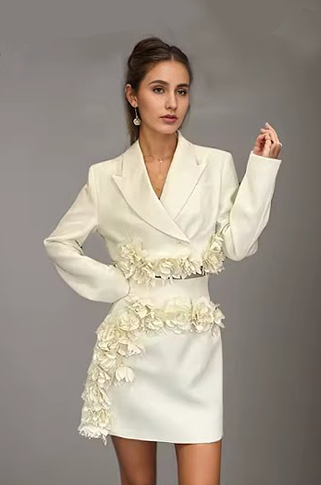 SUPER WHOLESALE |  Blazer Skirt Set with 3D Flowers(apricot)
