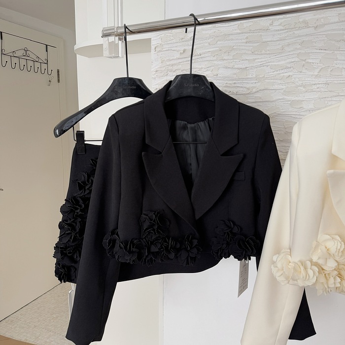 SUPER WHOLESALE |  Blazer Skirt Set with 3D Flowers(black)