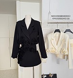 SUPER WHOLESALE |  Blazer Skirt Set with 3D Flowers(black)