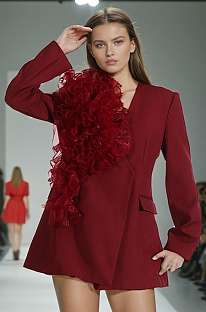 SUPER WHOLESALE | Mesh Flower Blazer Top ( Angora Red)