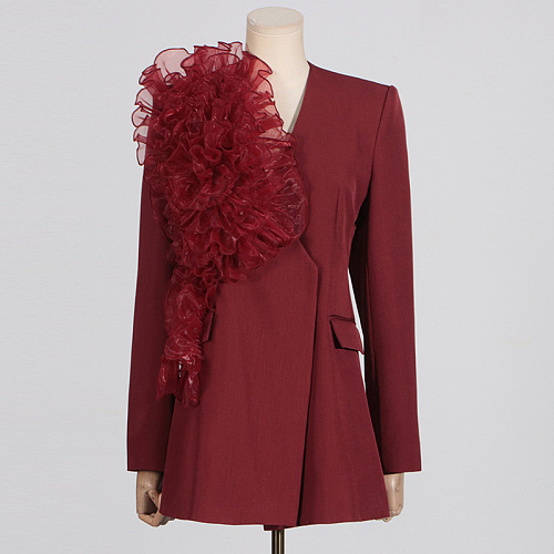SUPER WHOLESALE | Mesh Flower Blazer Top ( Angora Red)