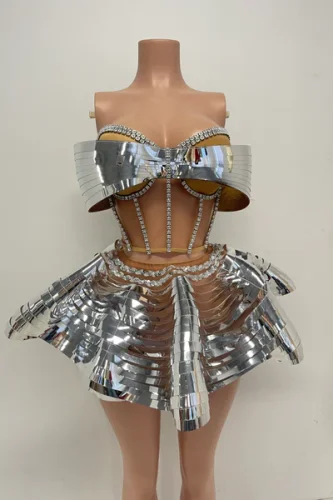 SUPER WHOLESALE | Futuristic Metallic Structured Corset and Skirt Set (silver)