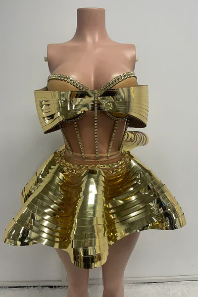 SUPER WHOLESALE | Futuristic Metallic Structured Corset and Skirt Set(gold)