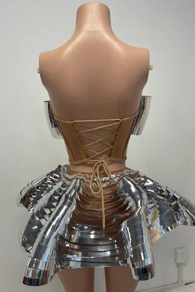 SUPER WHOLESALE | Futuristic Metallic Structured Corset and Skirt Set (silver)