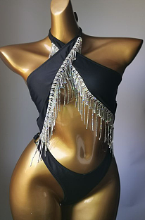 SUPER WHOLESALE | Fringe Halter Bikini Set(black)