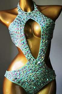 SUPER WHOLESALE | Rhinestone Beaded Cut Out Swimwear(green)