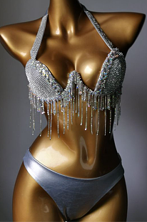 SUPER WHOLESALE | Fringe Halter Bikini Set(silver)