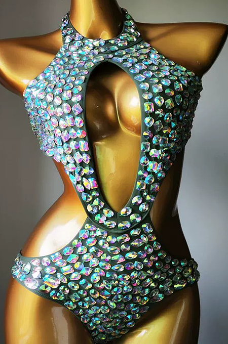 SUPER WHOLESALE | Rhinestone Beaded Cut Out Swimwear(army green)