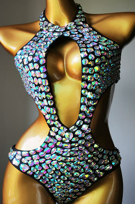 SUPER WHOLESALE | Rhinestone Beaded Cut Out Swimwear(black)