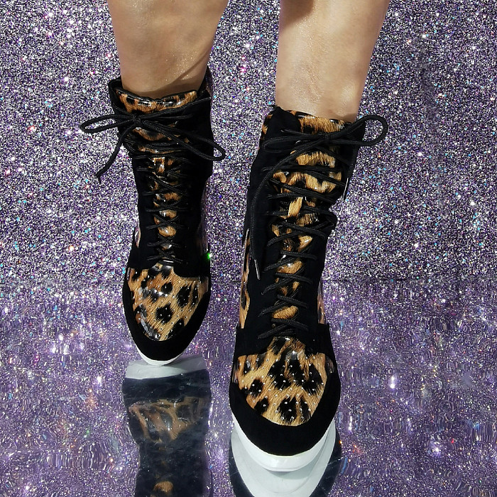 SUPER WHOLESALE |  Lace Up Ankle Boots in Leopard & Black