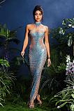 SUPER WHOLESALE |  Halterneck Rhinestone Maxi Dress In Blue