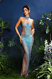 SUPER WHOLESALE |  Halterneck Rhinestone Maxi Dress In Blue