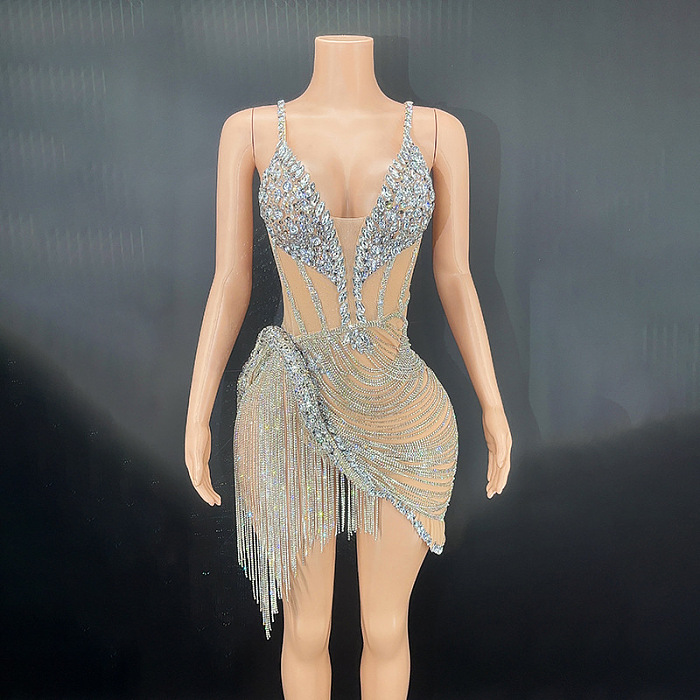 SUPER WHOLESALE |  Mesh Crystal Fringe Mini Dress