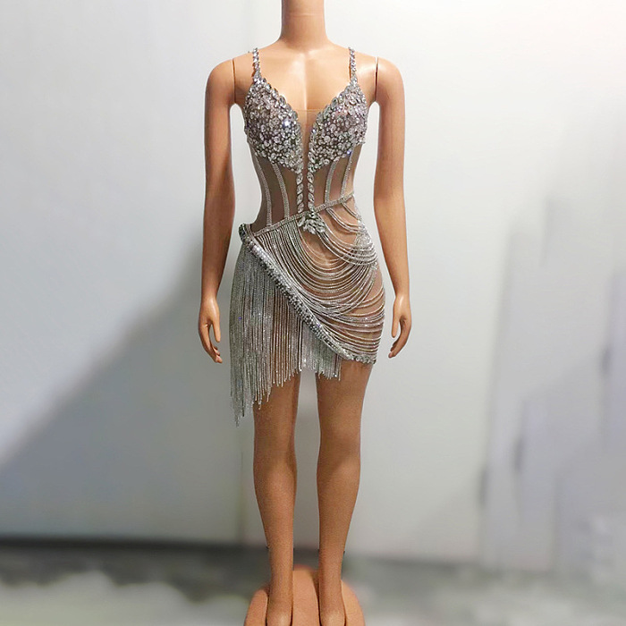 SUPER WHOLESALE |  Mesh Crystal Fringe Mini Dress